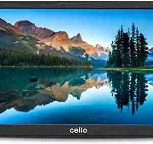 A serene mountain landscape with a perfect reflection in a calm lake is displayed on the screen of a Cello 14 Inch Rechargeable TV 12 Volt.